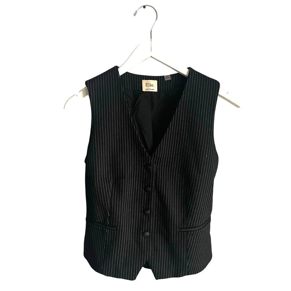 Elie Tahari Pinstripe Vest Y2K Black Minimalist Neutral Academia size Small